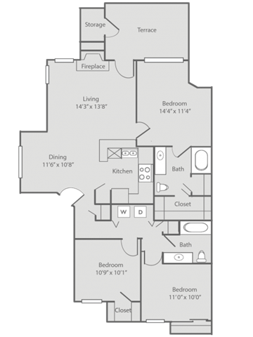 Floor plan for 3 beds, 2 baths, 1152 sqft